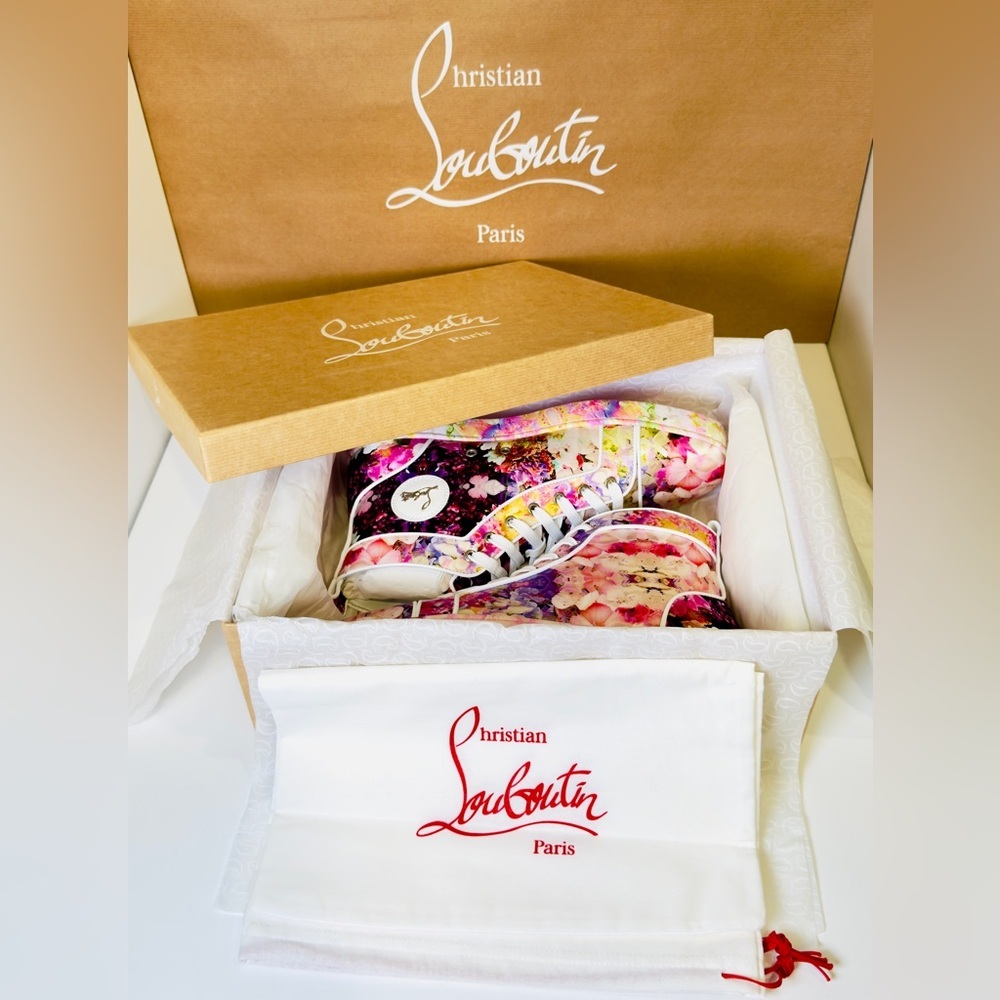 Christian Louboutin Blooming Orlato Abstract-print Silk High-top Trainers EU 44 - Picture 15 of 16